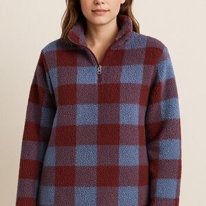 Eddie Bauer Pullover 1/4 zip Plush Checkered Size Small Blue Maroon